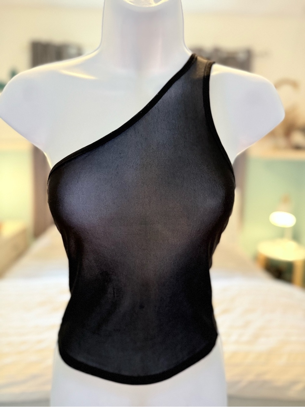 Women's Black One-Shoulder Mesh Tank Top